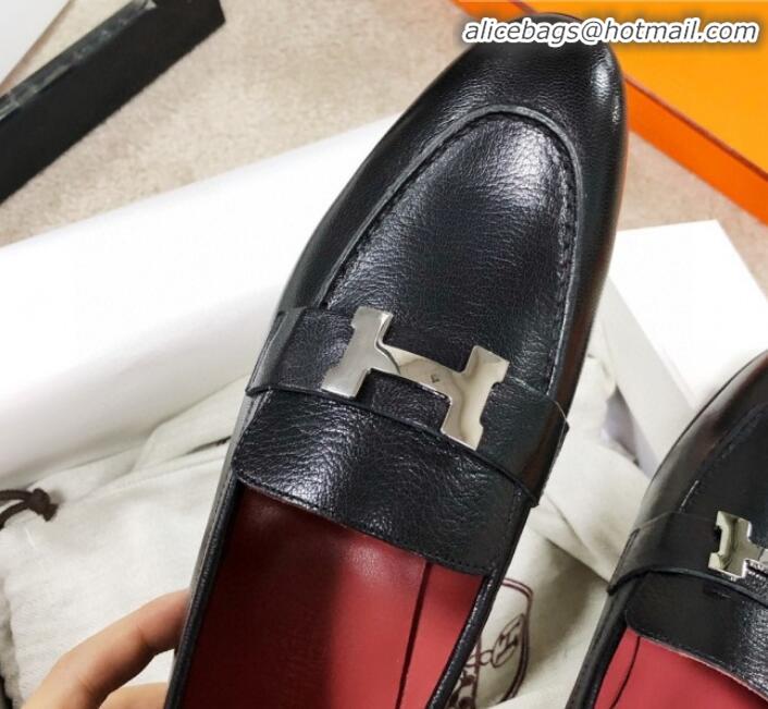 Grade Design Hermes Paris Lambskin Flat Loafers H30710 Black/Red 2020