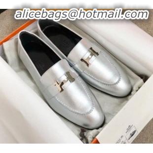 Discount Hermes Paris Lambskin Flat Loafers H30710 Silver 2020