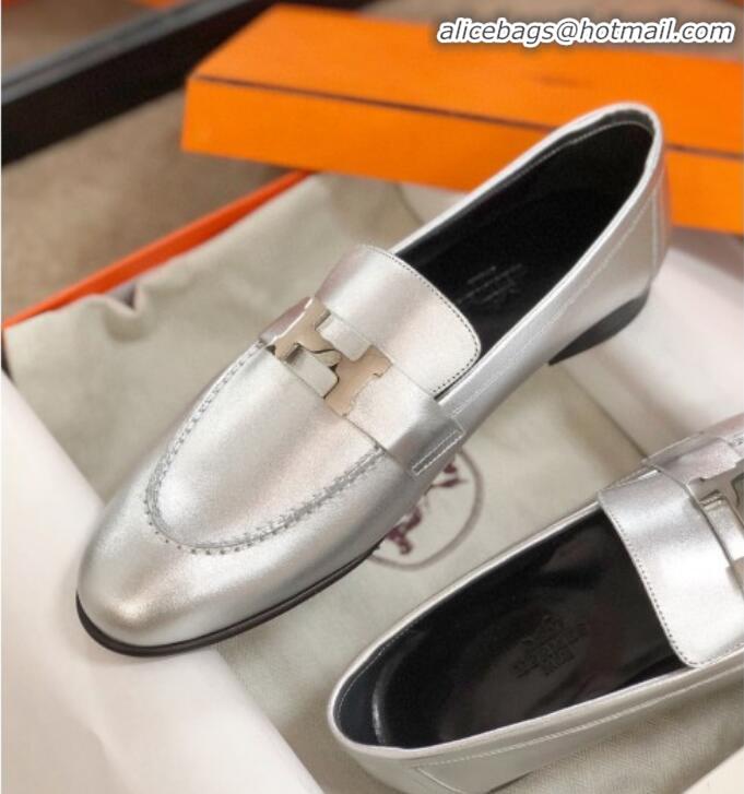 Discount Hermes Paris Lambskin Flat Loafers H30710 Silver 2020