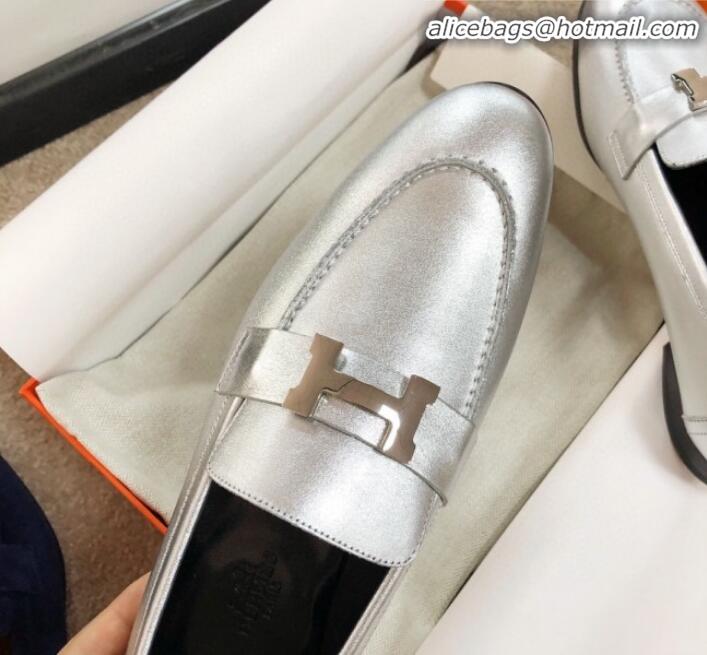 Discount Hermes Paris Lambskin Flat Loafers H30710 Silver 2020