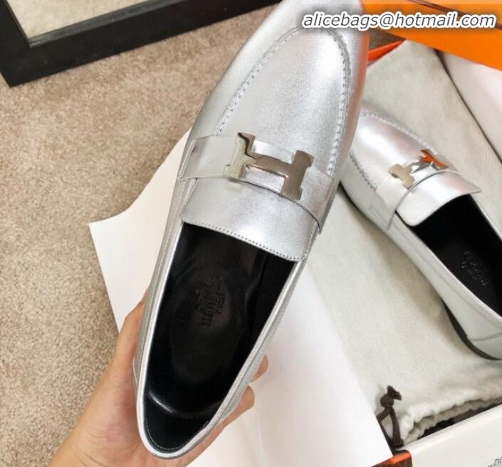 Discount Hermes Paris Lambskin Flat Loafers H30710 Silver 2020