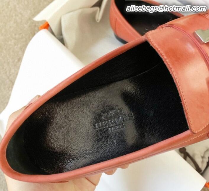 Discount Design Hermes Paris Lambskin Flat Loafers H30711 Orange 2020