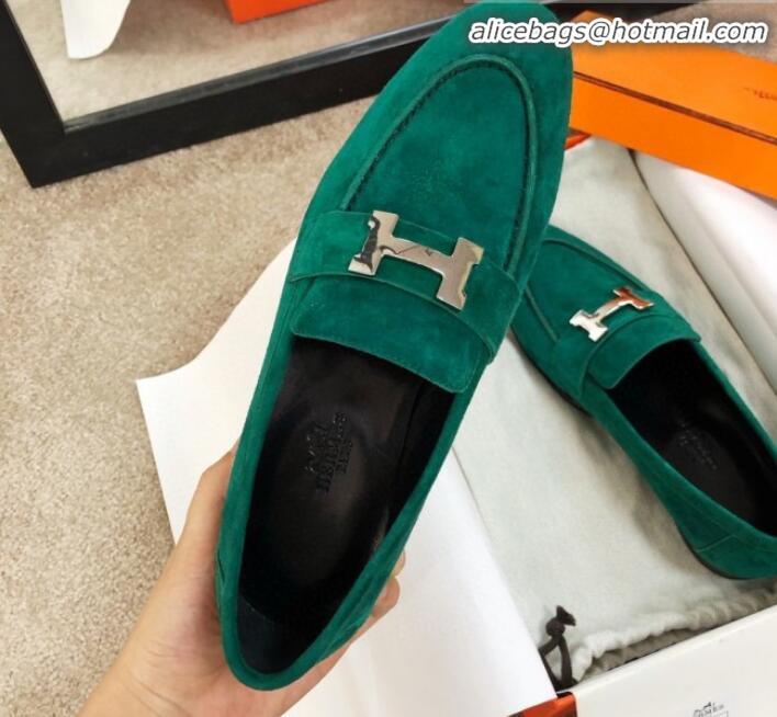 Discount Hermes Paris Suede Flat Loafers H30715 Green 2020