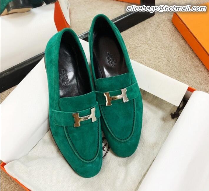 Discount Hermes Paris Suede Flat Loafers H30715 Green 2020