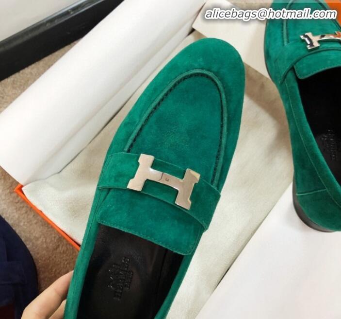 Discount Hermes Paris Suede Flat Loafers H30715 Green 2020