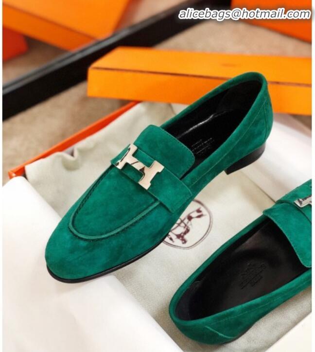 Discount Hermes Paris Suede Flat Loafers H30715 Green 2020