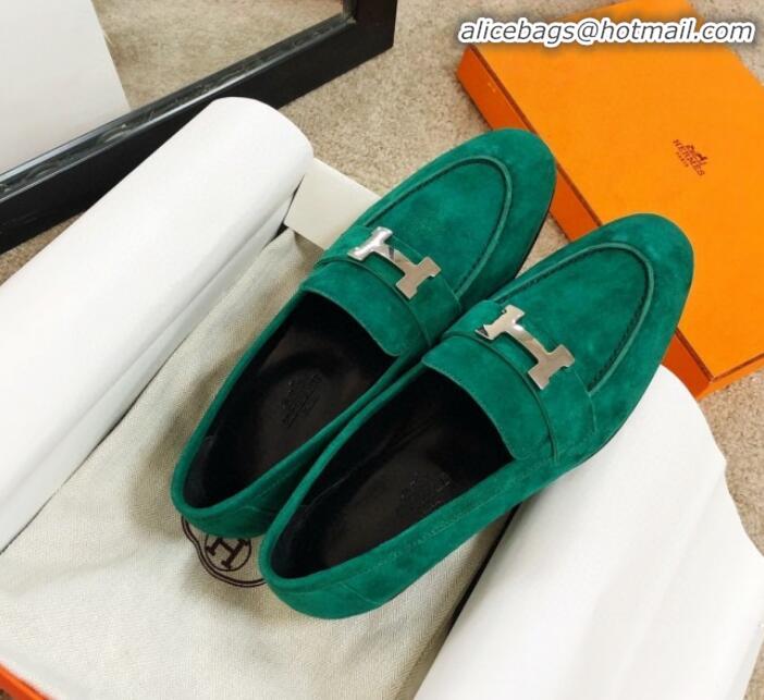 Discount Hermes Paris Suede Flat Loafers H30715 Green 2020