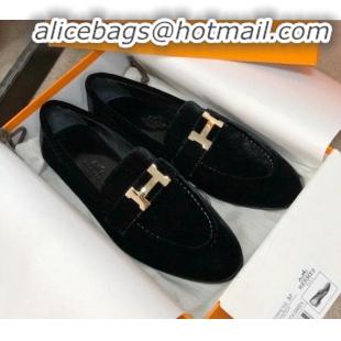 Top Grade Hermes Paris Suede Flat Loafers H30715 Black 2020