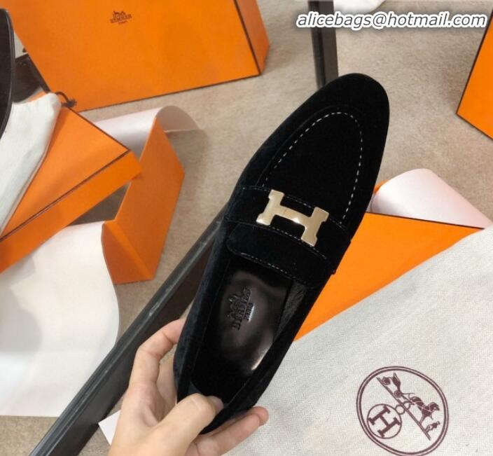 Top Grade Hermes Paris Suede Flat Loafers H30715 Black 2020