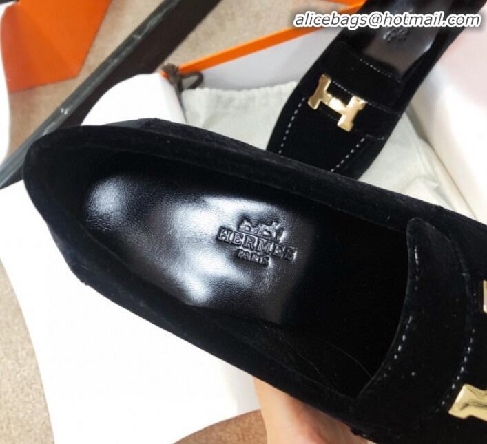 Top Grade Hermes Paris Suede Flat Loafers H30715 Black 2020