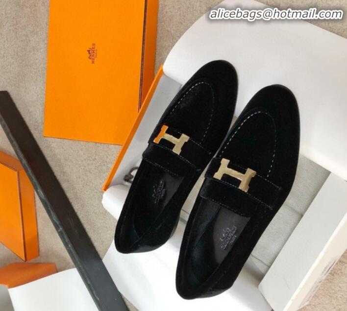 Top Grade Hermes Paris Suede Flat Loafers H30715 Black 2020