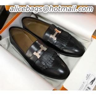 Pretty Style Hermes Royal Fringe Lambskin Flat Loafers H30715 Black 2020