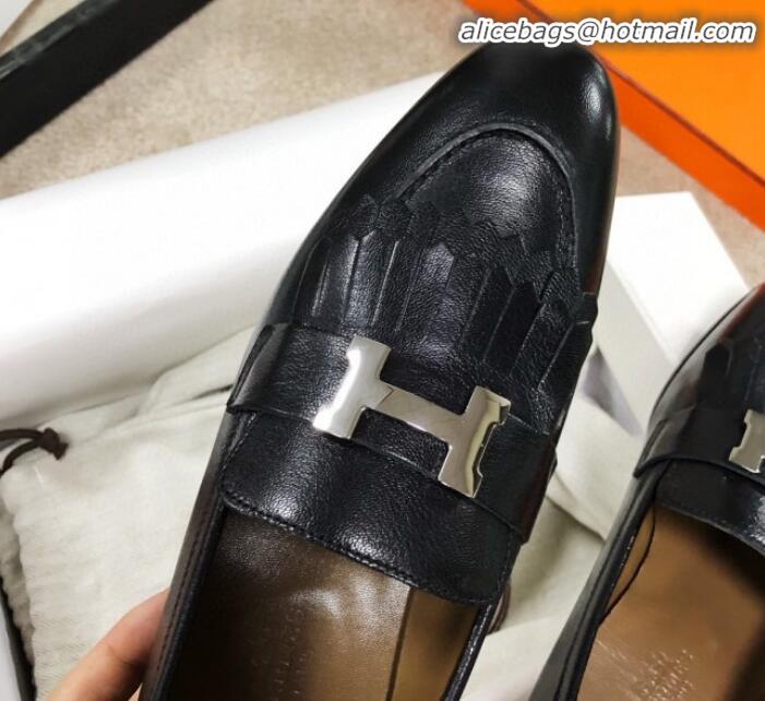 Pretty Style Hermes Royal Fringe Lambskin Flat Loafers H30715 Black 2020