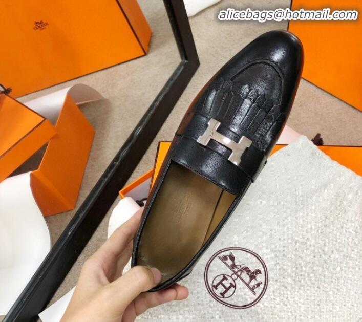 Pretty Style Hermes Royal Fringe Lambskin Flat Loafers H30715 Black 2020