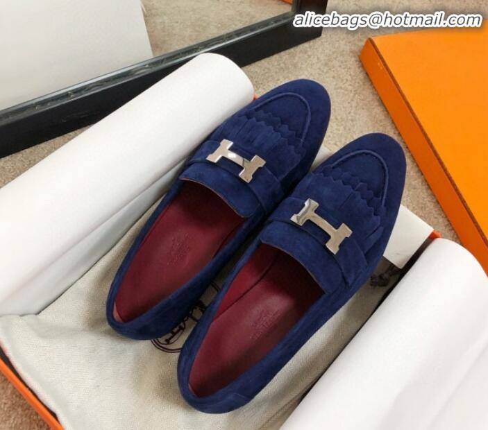 Cheap Price Hermes Royal Fringe Suede Flat Loafers H30715 Blue 2020