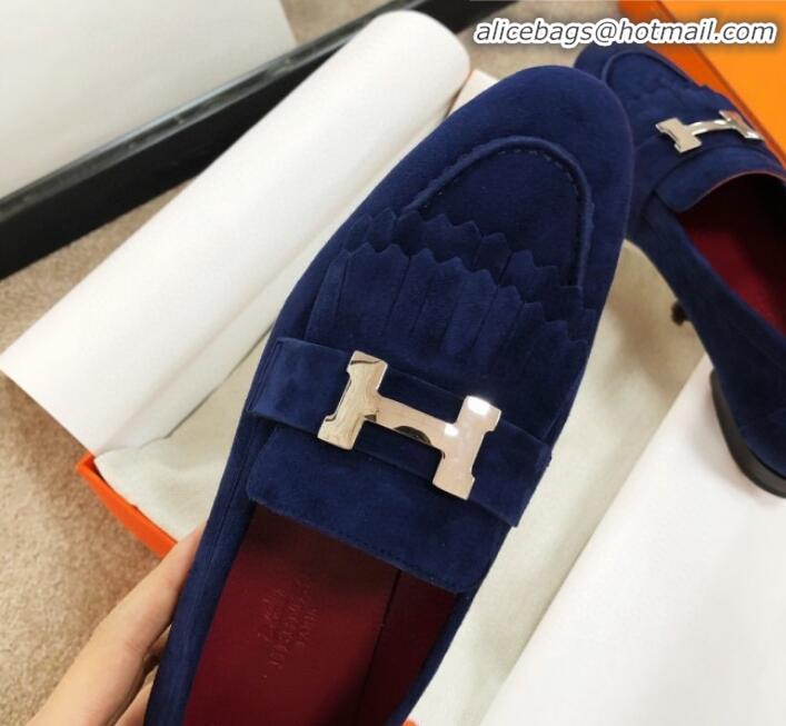 Cheap Price Hermes Royal Fringe Suede Flat Loafers H30715 Blue 2020