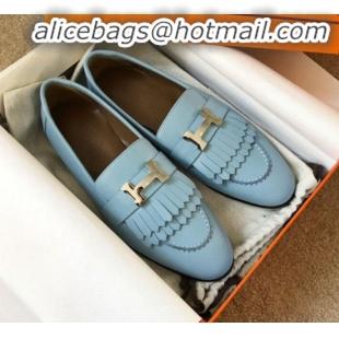 Good Quality Hermes Royal Fringe Lambskin Flat Loafers H30715 Light Blue 2020