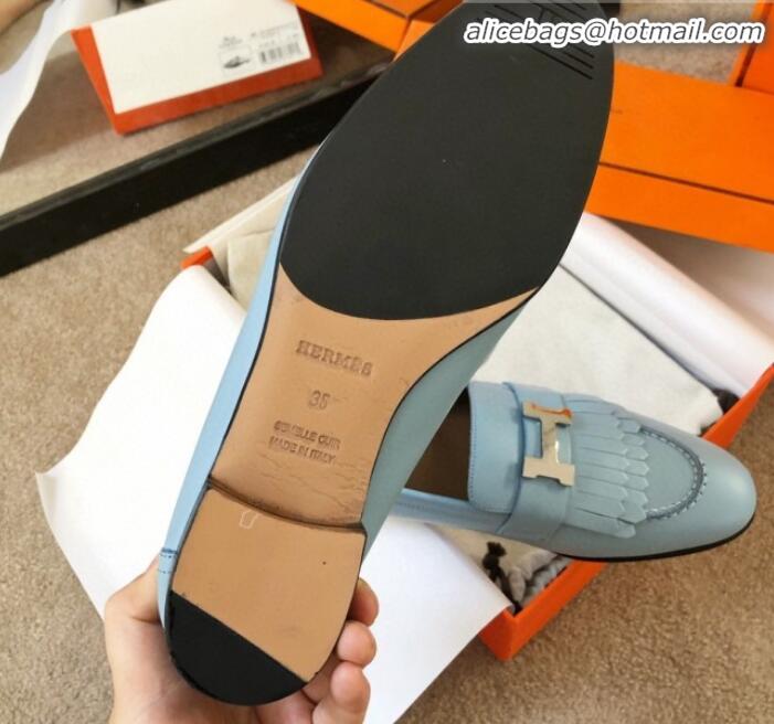 Good Quality Hermes Royal Fringe Lambskin Flat Loafers H30715 Light Blue 2020