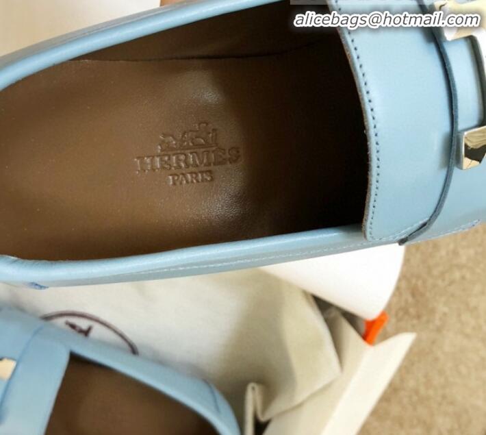 Good Quality Hermes Royal Fringe Lambskin Flat Loafers H30715 Light Blue 2020