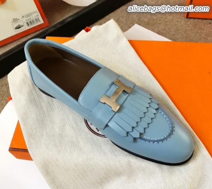 Good Quality Hermes Royal Fringe Lambskin Flat Loafers H30715 Light Blue 2020