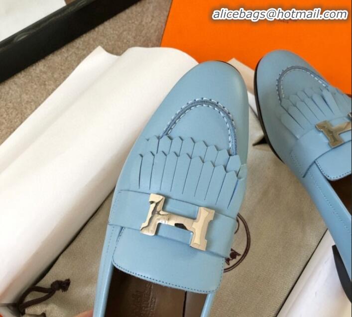 Good Quality Hermes Royal Fringe Lambskin Flat Loafers H30715 Light Blue 2020