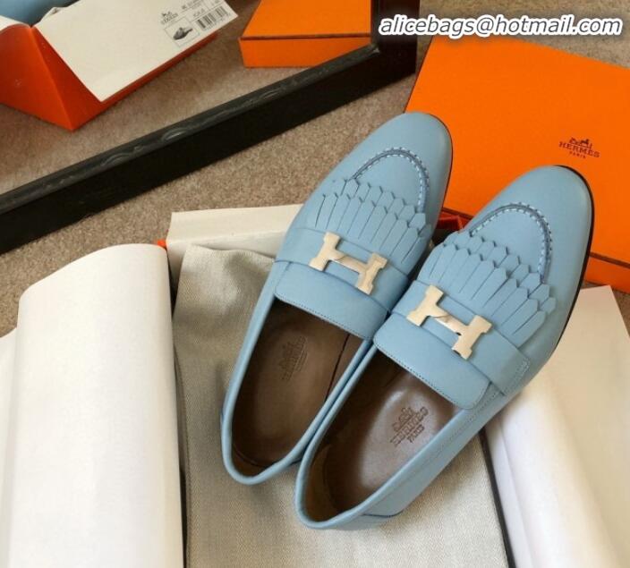 Good Quality Hermes Royal Fringe Lambskin Flat Loafers H30715 Light Blue 2020