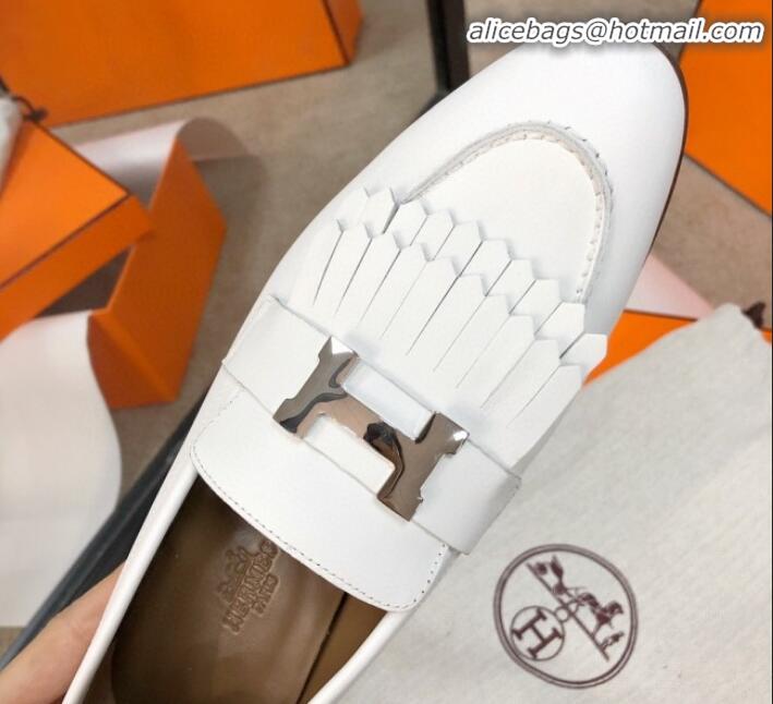 Most Popular Hermes Royal Fringe Lambskin Flat Loafers H30715 White 2020