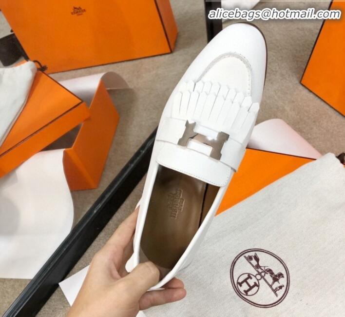 Most Popular Hermes Royal Fringe Lambskin Flat Loafers H30715 White 2020