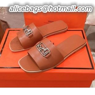 Best Product Hermes Villa Flat Slide Sandals H031301 Brown 2020