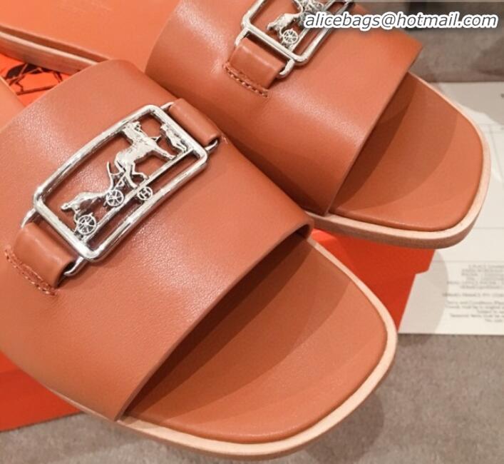 Best Product Hermes Villa Flat Slide Sandals H031301 Brown 2020