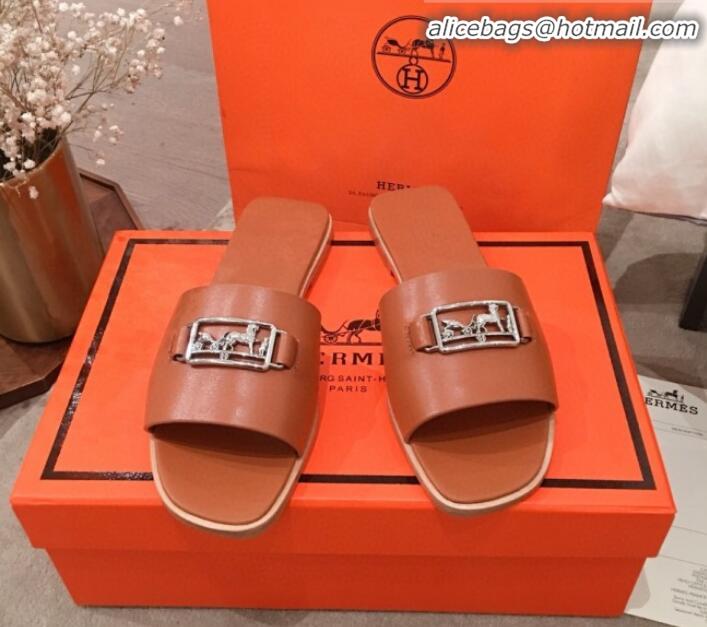 Best Product Hermes Villa Flat Slide Sandals H031301 Brown 2020