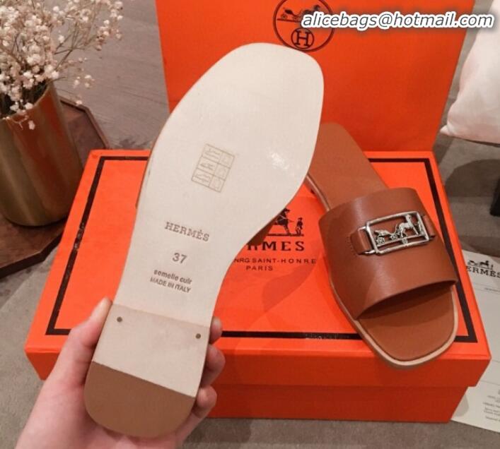 Best Product Hermes Villa Flat Slide Sandals H031301 Brown 2020