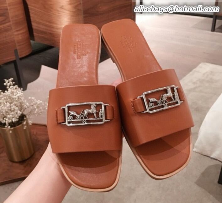 Best Product Hermes Villa Flat Slide Sandals H031301 Brown 2020