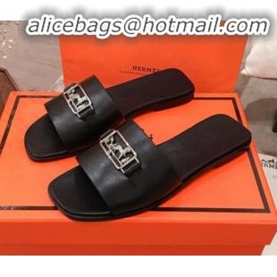 Luxury Discount Hermes Villa Flat Slide Sandals H031301 Black 2020