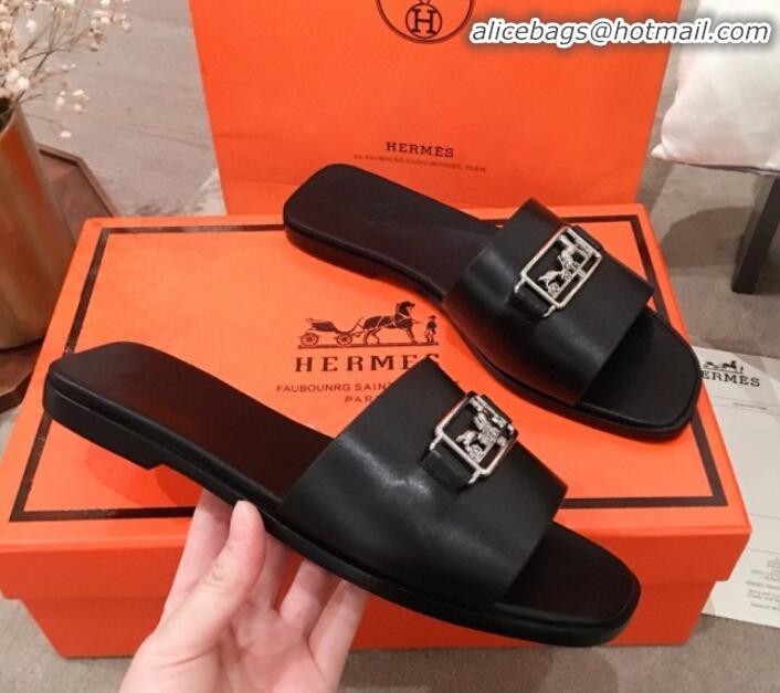 Luxury Discount Hermes Villa Flat Slide Sandals H031301 Black 2020