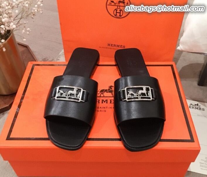 Luxury Discount Hermes Villa Flat Slide Sandals H031301 Black 2020