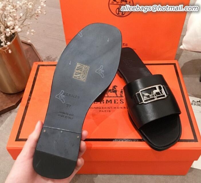 Luxury Discount Hermes Villa Flat Slide Sandals H031301 Black 2020