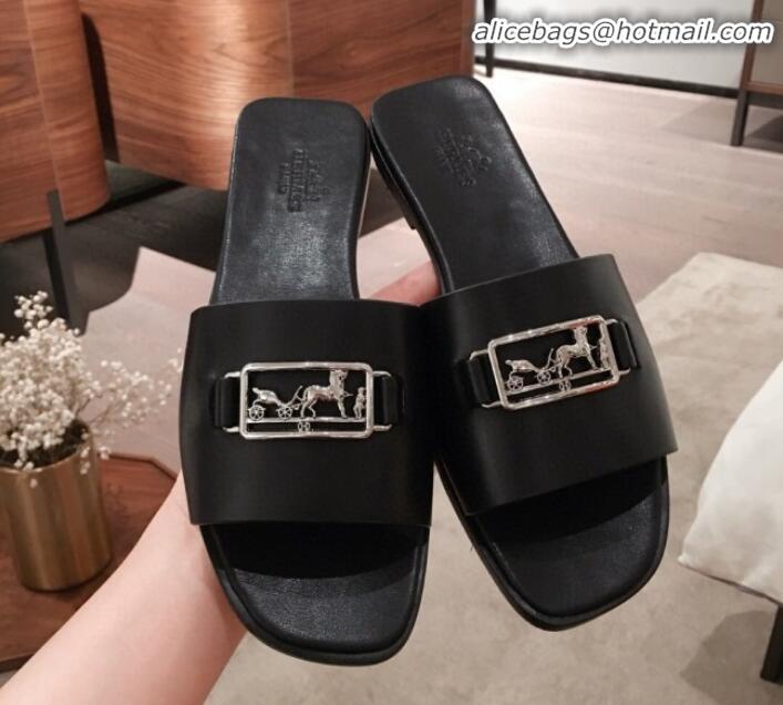 Luxury Discount Hermes Villa Flat Slide Sandals H031301 Black 2020