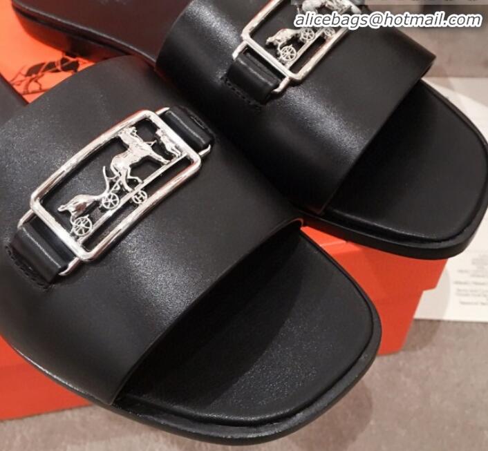 Luxury Discount Hermes Villa Flat Slide Sandals H031301 Black 2020