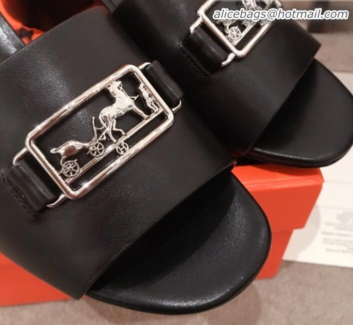 Top Design Hermes Villa Calfskin Sandals H031304 Black 2020