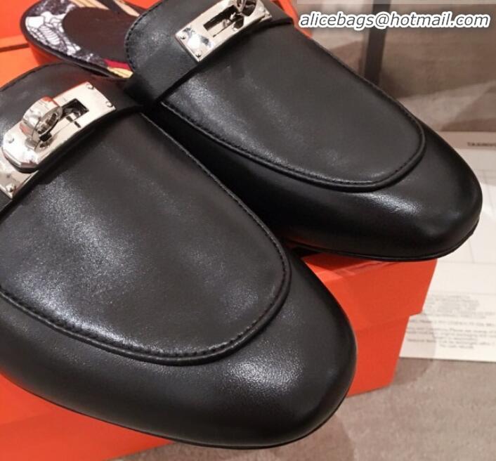 Shop Duplicate Hermes Classic Kelly Calfskin Flat Mules H031307 Black 2020