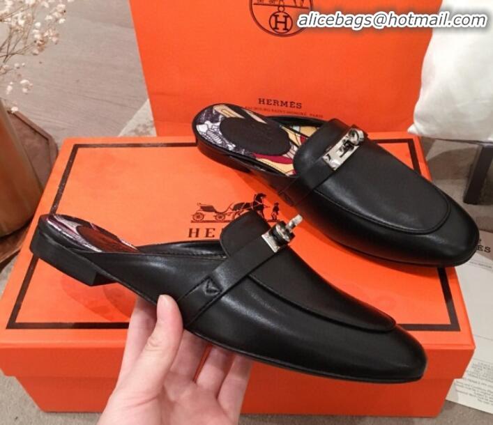 Shop Duplicate Hermes Classic Kelly Calfskin Flat Mules H031307 Black 2020