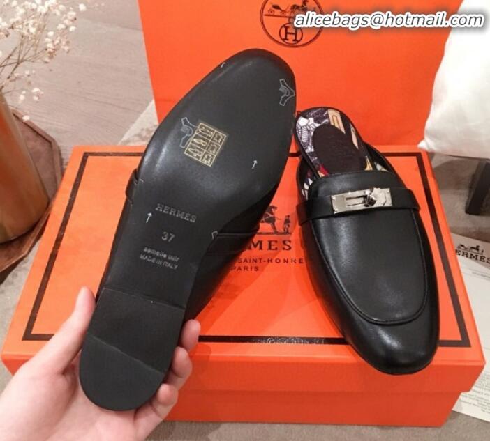 Shop Duplicate Hermes Classic Kelly Calfskin Flat Mules H031307 Black 2020