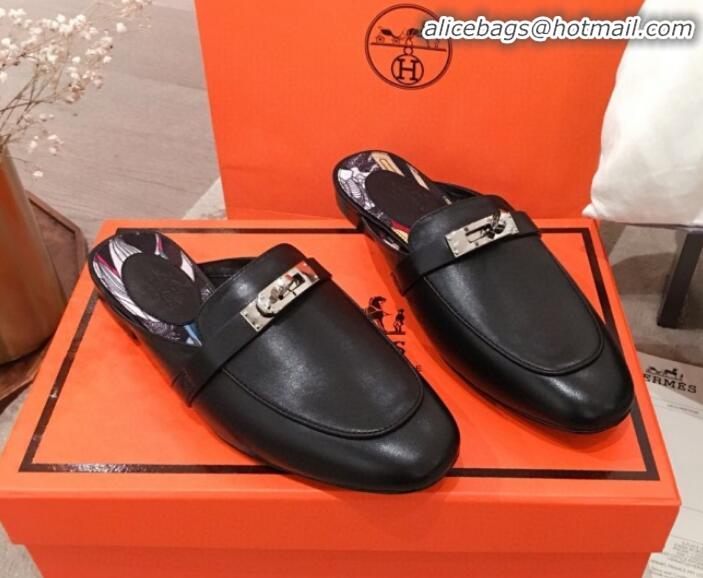 Shop Duplicate Hermes Classic Kelly Calfskin Flat Mules H031307 Black 2020