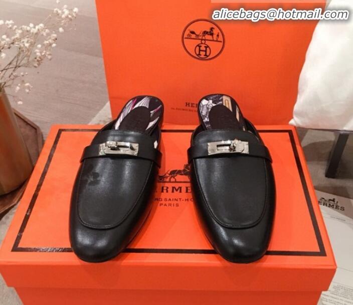 Shop Duplicate Hermes Classic Kelly Calfskin Flat Mules H031307 Black 2020