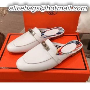 New Design Hermes Classic Kelly Calfskin Flat Mules H031307 White 2020