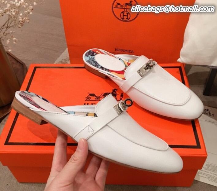 New Design Hermes Classic Kelly Calfskin Flat Mules H031307 White 2020