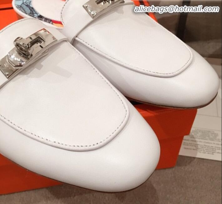 New Design Hermes Classic Kelly Calfskin Flat Mules H031307 White 2020