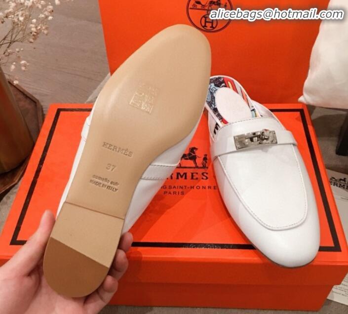 New Design Hermes Classic Kelly Calfskin Flat Mules H031307 White 2020