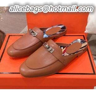 Good Taste Hermes Classic Kelly Calfskin Flat Mules H031307 Brown 2020